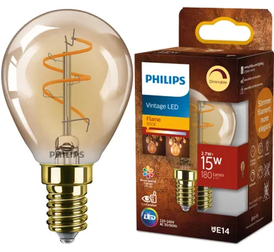 Produktbild von Philips Filament Tropfenform Amber 15 W P45 E14, 2,7 W, 15 W, E14, 180 lm, 15000 h, Flame