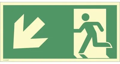Produktbild von Dreifke® Schild Notausgang links abwärts, ISO 7010, Alu, nachleucht., 160-mcd...