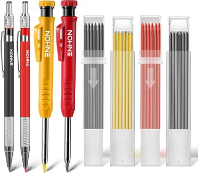 Produktbild von Zimmermannsbleistift-Set Tieflochmarkierer, 4 Druckbleistifte mit eingebautem Spitzer, Zimmermannsbleistift-Set 8-teilig