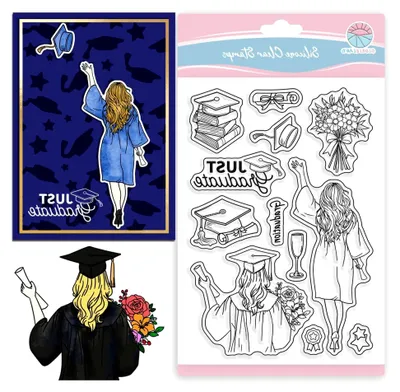Produktbild von Transparente Stempel für die Abschlusssaison zum Scrapbooking mit Frauenrückseite und Charakter-Bouquet für die Kartengestaltung und DIY-Journaling