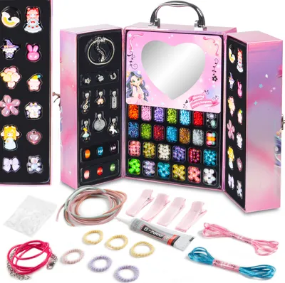 A jewelry making kit for children, displayed open with various components and accessories laid out.