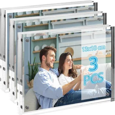 Produktbild von Unyqoos® Set aus 3 magnetischen, transparenten Acryl-Fotorahmen – rahmenlos & doppelseitig, UV-beständig, mit starken integrierten Magneten für Kühlschrank & Büro