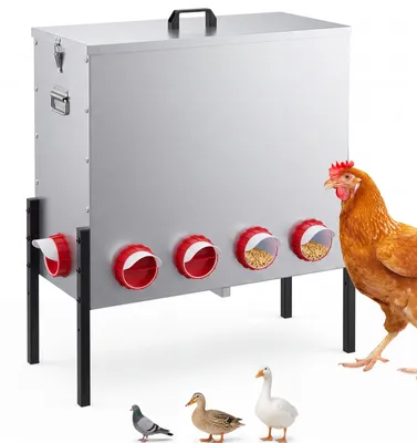 Zdjęcie produktu dla Automatyczny podajnik paszy dla kur, pojemność 64 kg, z 10 otworami. Regulowana wysokość. Zamykany pokrywą. Podajnik paszy dla kur