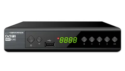 A black digital tuner/decoder device is shown against a white background.