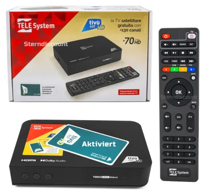 Produktbild von Tele System TS9019 HEVC Satellitenreceiver inkl. aktivierter tivùsat HD Merlin Karte, RAI Mediaset in Full HD 1080p, Vorinstalliert & sortiert.