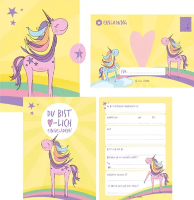 Produktbild von 12 Einladungskarten Geburtstag Einhorn (Mädchen). Handgemachte Einladungskarten Kindergeburtstag inkl. 12 liebevollen Hand designten Briefumschlägen - ... Karton Box. Stay Inspired By Lisa Wirth