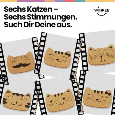 Productafbeelding van Set van 6 Kurken Onderzetters met Schattige Kattengezichten voor Glazen en Kopjes