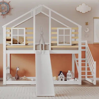 Produktbild von Flieks Etagenbett 90x200cm mit Rausfallschutz, Kinderbett mit Rutsche, Hochbett mit Treppe und Lattenrost, Hausbett Stockbett, Weiß