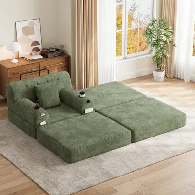 Produktbild von STILVORA Schlafsessel 1-Sitzer mit Hocker und Liegefunktion, Cordsofa mit Metallrahmen und hochdichtem Schaumstoff, Sofa mit Getränkehaltern und Seitentaschen