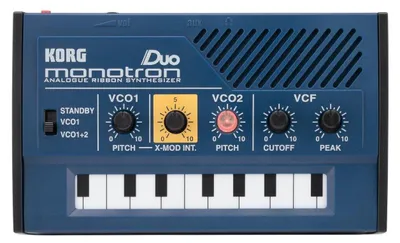 A top-down view of a Korg Monotron DUO analog synthesizer.