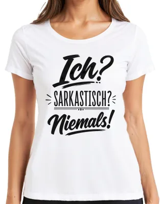 Immagine prodotto di Io? Sarcastico? Mai! Maglietta da donna, bianca, taglia XL, con scritta ironica e divertente