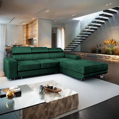 Zdjęcie produktu dla Masseno Narożnik NOTO R-S z funkcją spania i pojemnikiem na pościel Kształt L, Rozkładana sofa, Rogówka - Butelkowa zieleń, MONOLITH 37