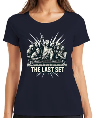 Zdjęcie produktu dla THE LAST SET: Koszulka damska z nadrukiem "Jesus DJ Abendmahl Techno Party", kolor granatowy, rozmiar 3XL