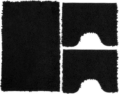 Produktbild von Unyqoos® 3‑teiliges Badematten-Set aus Mikrofaser – rutschfest, saugstark, chenille‑Effekt, Schwarz, 50 x 80 cm + 2 x 40 x 50 cm