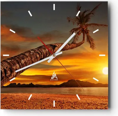 Produktbild von Wanduhr - Quadrat - Glasuhr - Palme Landschaft Sonne - 30x30cm - Schleichendes Uhrwerk - Lautlos - zum Aufhängen bereit - Dekoration Modern - Wanddekoration aus Glas - C3AC30x30-0162