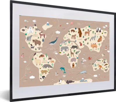 Produktbild von MuchoWow® MuchoWow® Gerahmtes Poster Weltkarte Kinder - Tiere - Braun - Jungen - Mädchen 60x40 cm - Poster mit zchwarzem Bilderrahmen - Schlafzimmer - Plakat in Rahmen - Drucken