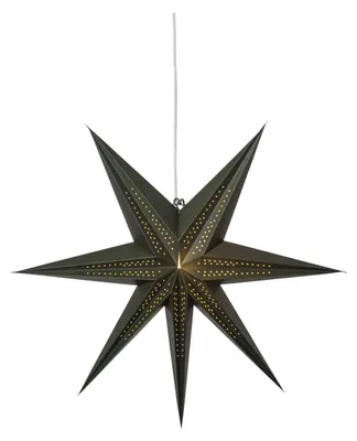 Image de Grande étoile en papier, pointillée en vert foncé, avec des plis décoratifs et des motifs ajourés, à 7 branches, diamètre 60 cm