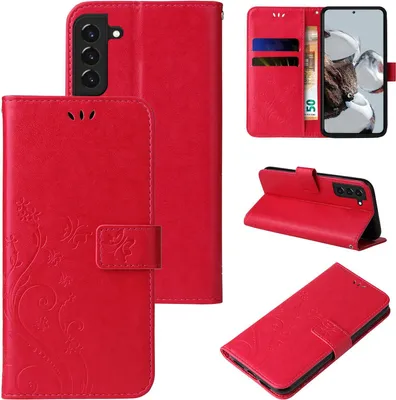 Produktbild von Handyhülle für Samsung Galaxy S22+ Floral Blumen Schmetterling Flip Cover Hülle Case Klapphülle Handytasche Farbe: Pink