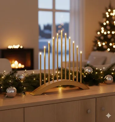 A golden candle arch Christmas decoration is placed on a wooden cabinet, adorned with pine branches and silver ornaments, with a fireplace and a Christmas tree in the background.