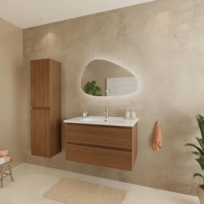 Produktbild von LOMAZOO Badmöbelset VERONA 80 cm - Mit Hochschrank - Warmes Eichenholz - Waschbecken Weiß