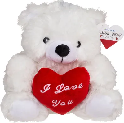 A white teddy bear holding a red heart with the text "I Love You" on it.