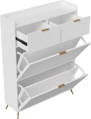 Obrázek produktu pro UnboxG Úzký botník se 2 zásuvkami a 2 otevřenými policemi - Bílý botník na 9 párů bot, 110x24x80 cm, prostorově úsporný botník do předsíně