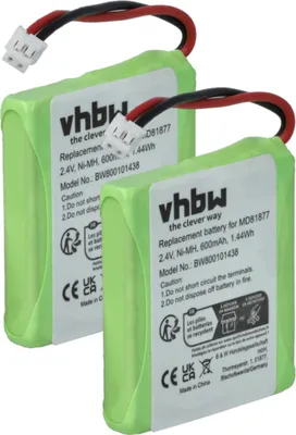 Produktbild von vhbw 2x Akku kompatibel mit Medion MD81877, MD83208, MD82877, MD83708, MD82772, MD83877, MD82711 schnurlos Festnetz Telefon (600 mAh, 2,4 V, NiMH)
