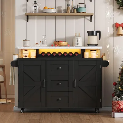 Immagine prodotto di Flieks: isola da cucina mobile con piano di lavoro ribaltabile, carrello da cucina con ripiano e ante, portabottiglie e portabicchieri, carrello di servizio 120x42(60)x93 cm, nero