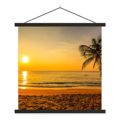 Produktbild von MuchoWow® Textilposter Palme - Strand - Sonnenuntergang - Meer 90x90 cm mit schwarzem Rahmen - Magnetisches