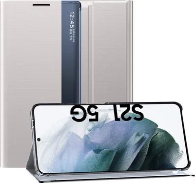 A silver flip case for a Samsung Galaxy S21 FE 5G phone is shown with the phone inside, displaying the screen.