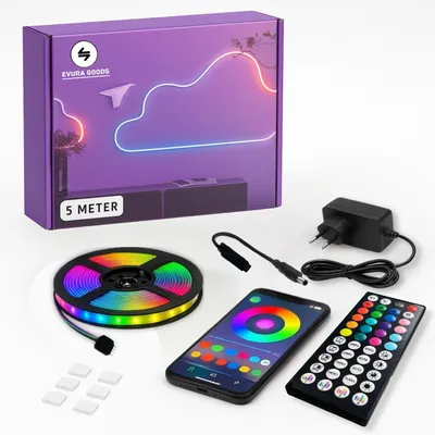 Produktbild von Evura Goods - LED-Streifen - 5 Meter - RGB - mit Fernbedienung & Handy-App - dimmbar - intelligente LED-Beleuchtung - LED-Streifen - Timer und Musik