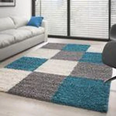 Obrázek produktu pro Koberec do obývacího pokoje s vysokým vlasem, kostkovaný vzor, dlouhý vlas, moderní, měkký, velikost: 60 x 110 cm, Barva: Tyrkysová