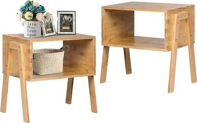 Obrázok produktu pre sada 2 stohovateľných bambusových stolíkov s otvorenou policou, drevený nočný stolík pre malé priestory do domácnosti, spálne, obývačky, haly