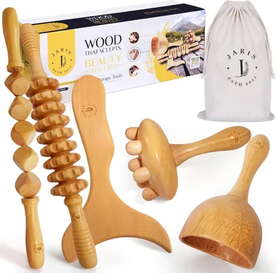 Image de Outils de massage pour la thérapie par le bois, coffret de 5 pièces, outils de drainage lymphatique et masseur anticellulite, rouleaux en bois pour le modelage du corps