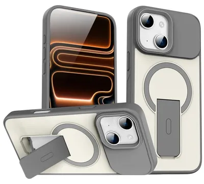Produktbild von Magnet Ständer Hülle für iPhone 14, Kompatibel mit MagSafe, Matt Rückseite Stoßfeste Handyhülle Grau