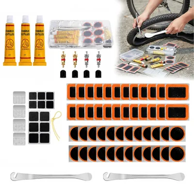 Imagen del producto de Kit de reparación de bicicletas, de 79 piezas, con parches autoadhesivos y parches adhesivos, para la reparación de neumáticos