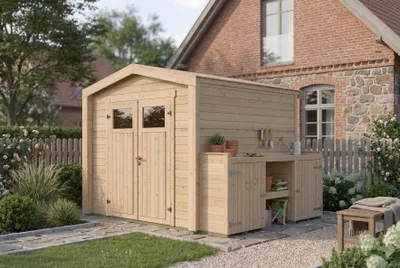 Produktbild von Gartenhaus Killarney, 235x235cm, Naturbelassen, 19mm, Pflanztisch, KI-generiertes Bild
