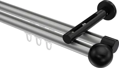 Produktbild von Interdeco Innenlaufstange / Gardinenstange mit Innenlauf Silbergrau / Schwarz, Typ Siteno Luino (Kugel), 20 mm Ø 2-läufig, 140 cm