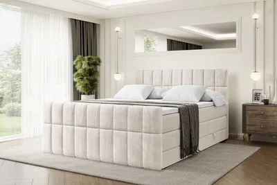Produktbild von ALTDECOR Boxspringbett mit Fußteil, 2 Matratzen und Topper - 180x200 cm - MIAMI-Z KING - creme Samt - Polsterbett mit, H3- und H4- Matratzen, Bettkasten und Lattenrost, Bett mit Stauraum