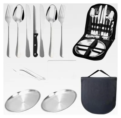 Produktbild von Campingbesteckset für 2 Personen, 13-teilig, Edelstahl, inklusive tragbarer Bestecktasche