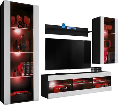 Produktbild von Komodee | Wohnwand mit TV-Schrank und Vitrine Tivoli Set Medio, Korpus Schwarz Matt Frontfarbe Weiß Matt, LED RGB