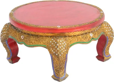 Produktbild von Opiumtisch Rund Spiegelsteine Beistelltisch Rot Antik Nachttisch Couchtisch Holztisch Thailand 50cm Ø