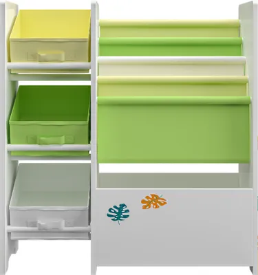 Produktbild von Kinderregal ‘Vimianzo’ mit 5 Fächern und 3 Faltboxen Dinosaurier-Motiv 60 x 65 x 30 cm
