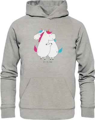 Produktbild von Mr. & Mrs. Panda Bio Hoodie Einhörner Umarmen Größe XXL - Heather Grey - Geschenk, Geschwister, mit Print, Unicorn, Kapuzenpullover, Kapuzenpulli, Sweatshirt, Pullover