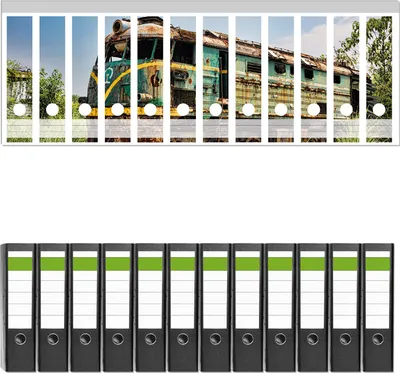 Produktbild von Wallario 12 Stück breite Ordner inkl. Klebeetiketten mit Motive Alte verrostete Lokomotive  auf einem Abstellgleis -  Set mit Rückenschildern / Ordnerrücken Stickern
