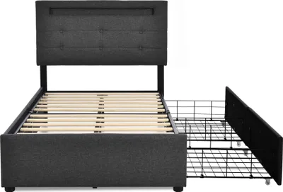 Produktbild von Flieks Polsterbett 90x200cm mit LED und höhenverstellbarem Kopfteil, Einzelbett mit Lattenrost und 2 Schubladen, Stauraumbett Leinen, Grau