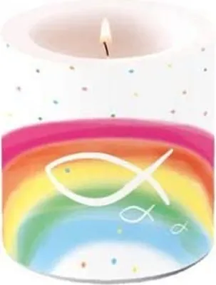 Produktbild von Kerze rund Rainbow white - Fische auf Regenbogen bunt Ø 7,5cm, Höhe 8cm