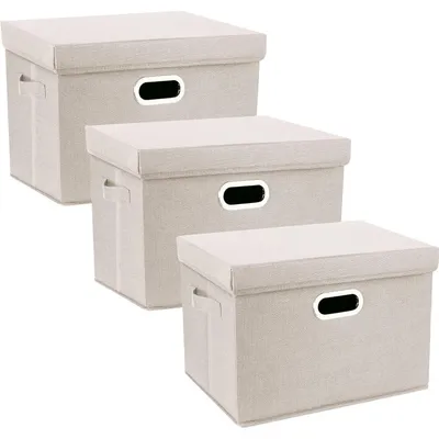 Productafbeelding van Opbergbox met deksel, groot, van stof, inklapbaar, wasbaar, set van 3, beige, 44x30x29 cm
