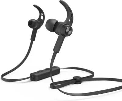 A pair of black wireless in-ear headphones with ear hooks, shown against a white background.