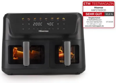 Produktbild von Hisense HAF2700DCD Heißluftfritteuse, 11 Liter, 2700 W, Farbdisplay, 2 unabhängige Frittierkörbe, Schwarz